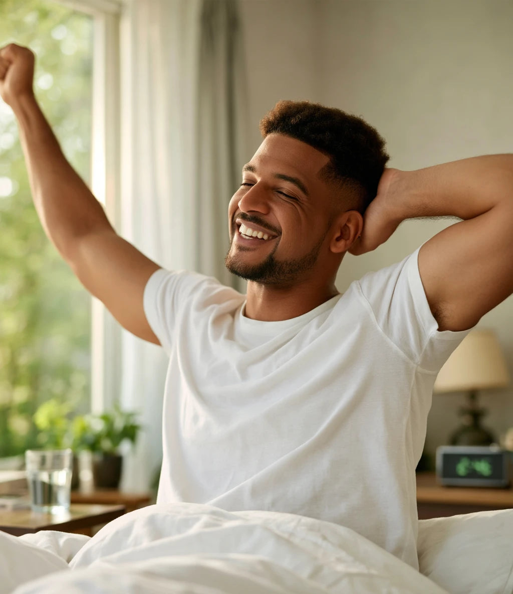 Smiling man stretching in bed after waking up